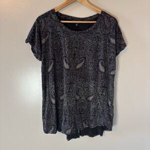 Lucky Brand Womens Tunic Top Black Paisley Split Back Shirt Short Sleeve Sz 1X